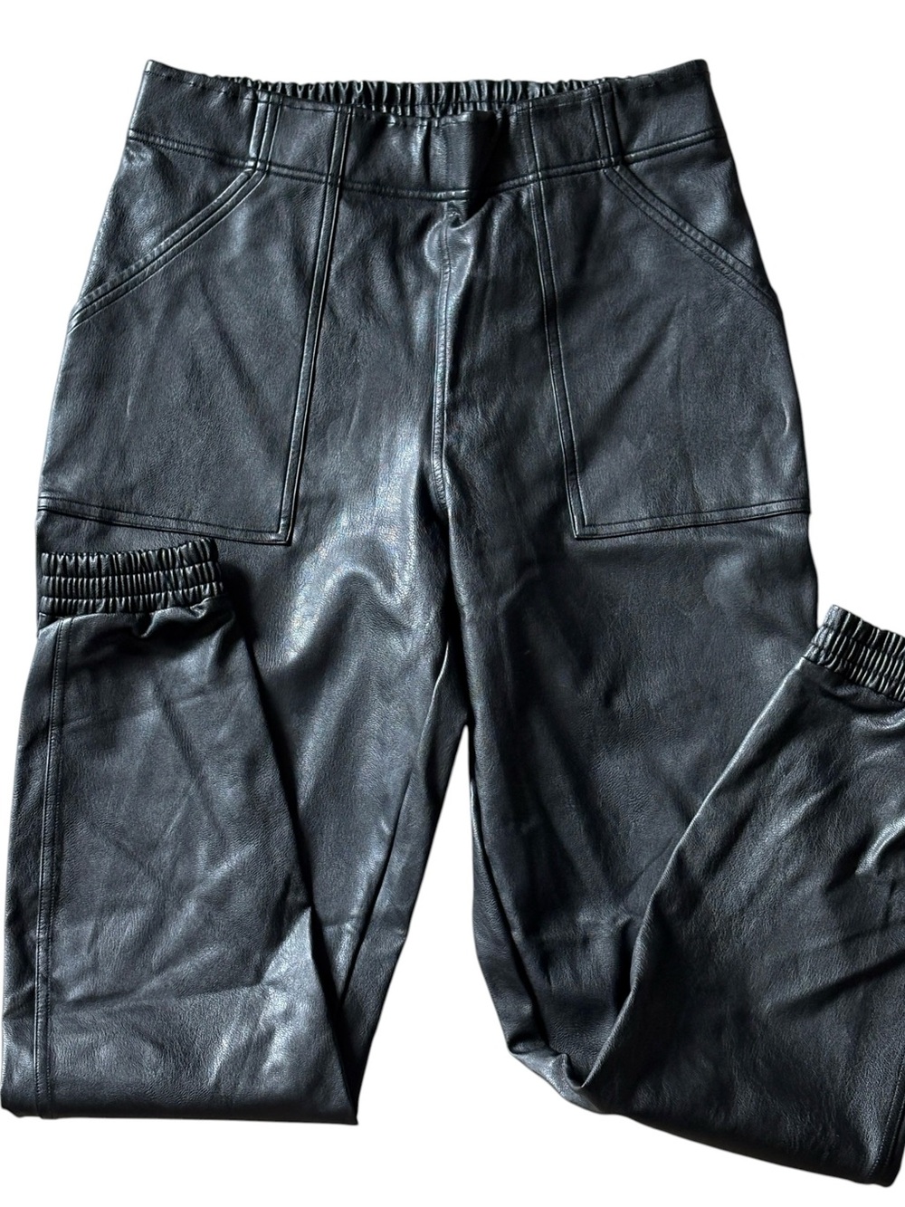 Spanx Faux Leather Joggers Size Large Black Elastic Waist - Picture 3 of 6